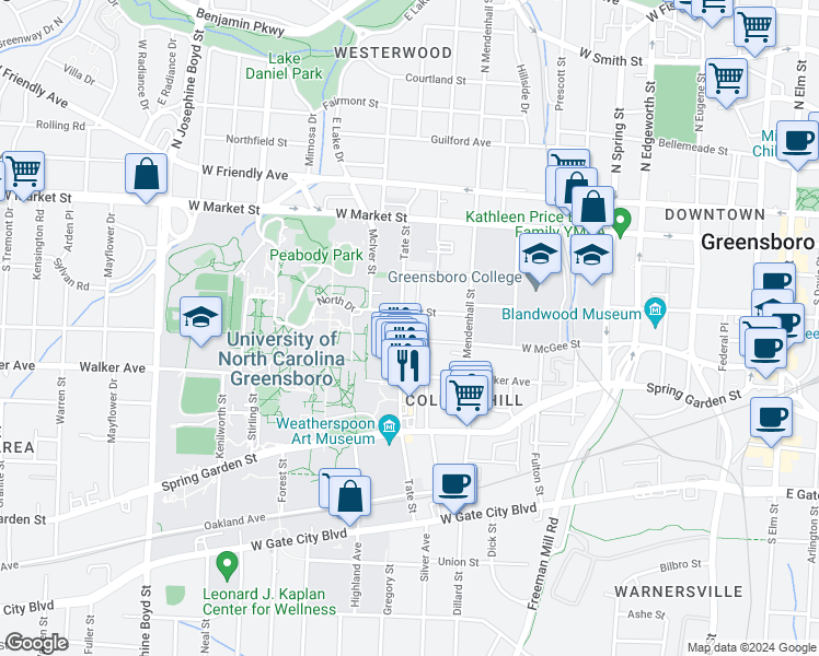 map of restaurants, bars, coffee shops, grocery stores, and more near 930 Carr Street in Greensboro