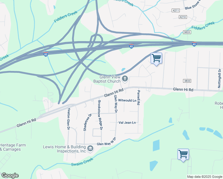 map of restaurants, bars, coffee shops, grocery stores, and more near 4259 Glenn Hi Road in Winston-Salem