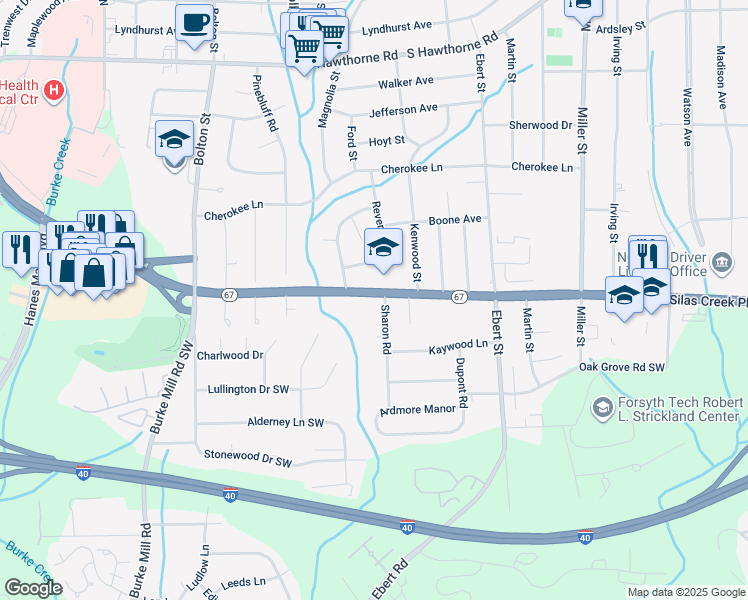 map of restaurants, bars, coffee shops, grocery stores, and more near 1500 Sharon Road in Winston-Salem