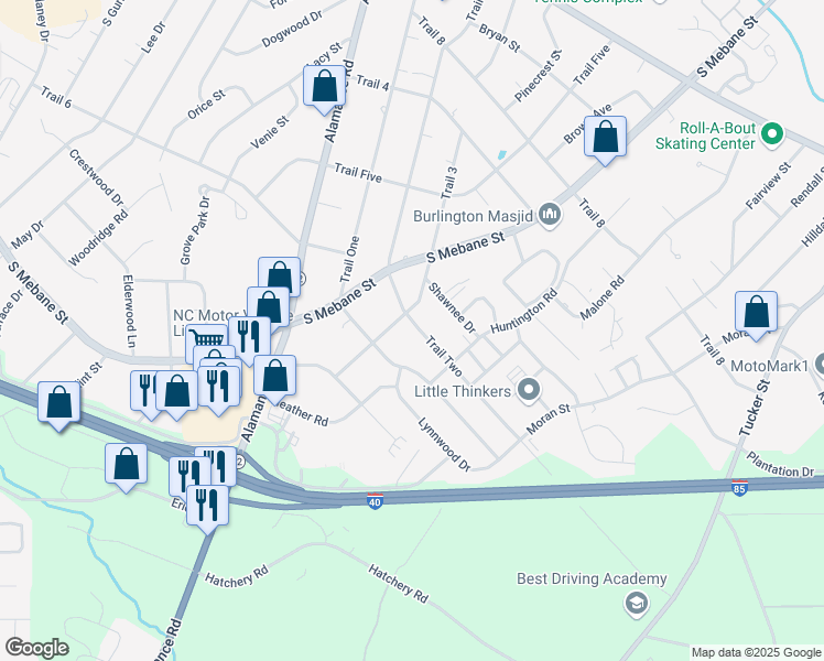 map of restaurants, bars, coffee shops, grocery stores, and more near 602 Trail Two in Burlington
