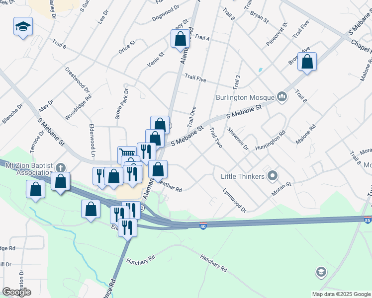 map of restaurants, bars, coffee shops, grocery stores, and more near 2505 South Mebane Street in Burlington