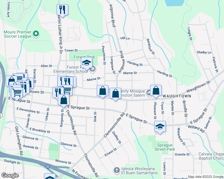 map of restaurants, bars, coffee shops, grocery stores, and more near 1222 Bretton Street in Winston-Salem