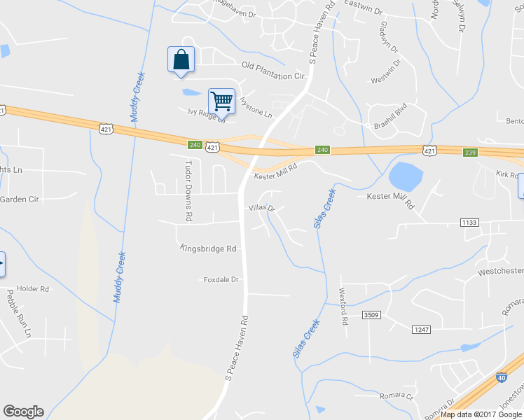 map of restaurants, bars, coffee shops, grocery stores, and more near 5378 Villas Drive in Winston-Salem