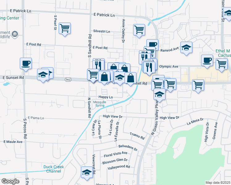 map of restaurants, bars, coffee shops, grocery stores, and more near 6551 Annie Oakley Drive in Henderson