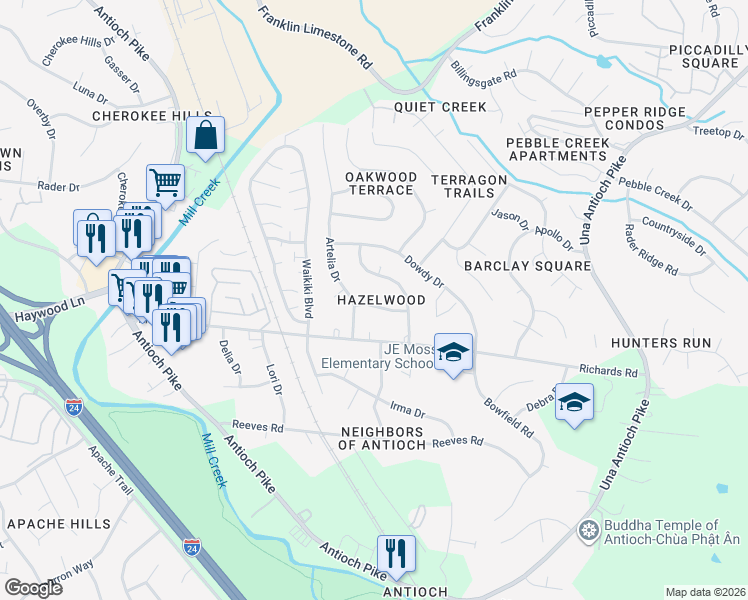 map of restaurants, bars, coffee shops, grocery stores, and more near 4633 Fanning Drive in Nashville
