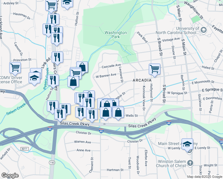 map of restaurants, bars, coffee shops, grocery stores, and more near 713 Salisbury Ridge Road in Winston-Salem