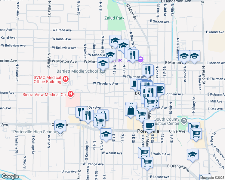 map of restaurants, bars, coffee shops, grocery stores, and more near in Porterville