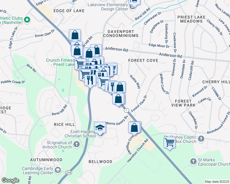 map of restaurants, bars, coffee shops, grocery stores, and more near 2714 Murfreesboro Pike in Nashville