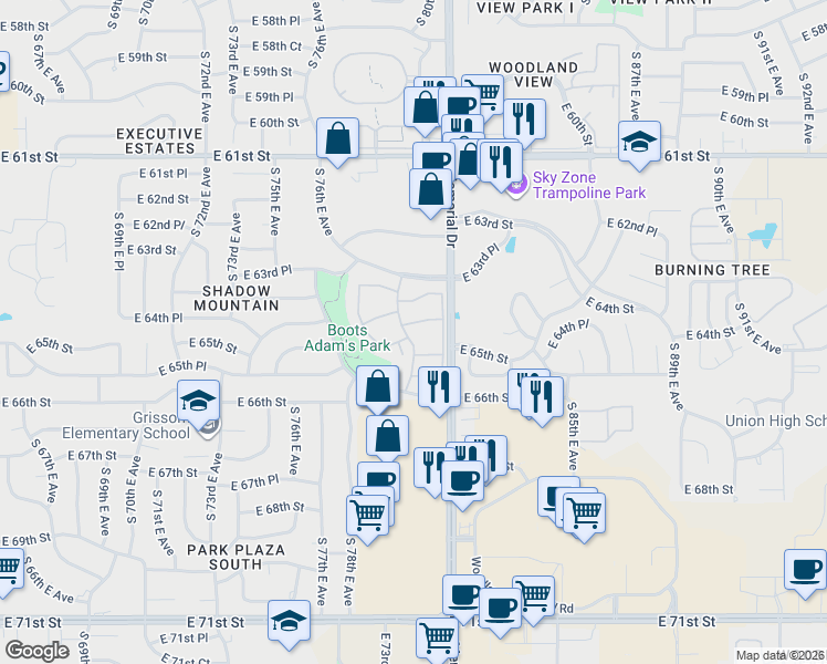 map of restaurants, bars, coffee shops, grocery stores, and more near 6506 South Memorial Drive in Tulsa