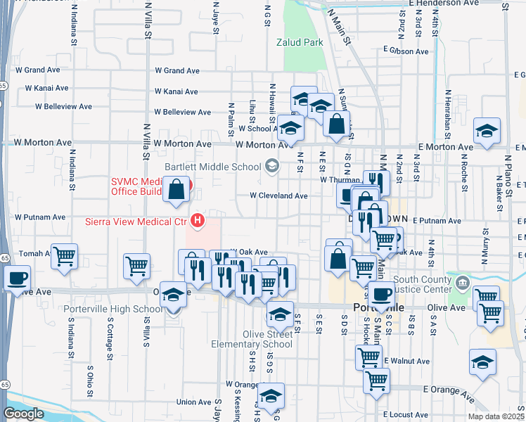 map of restaurants, bars, coffee shops, grocery stores, and more near 234 North H Street in Porterville