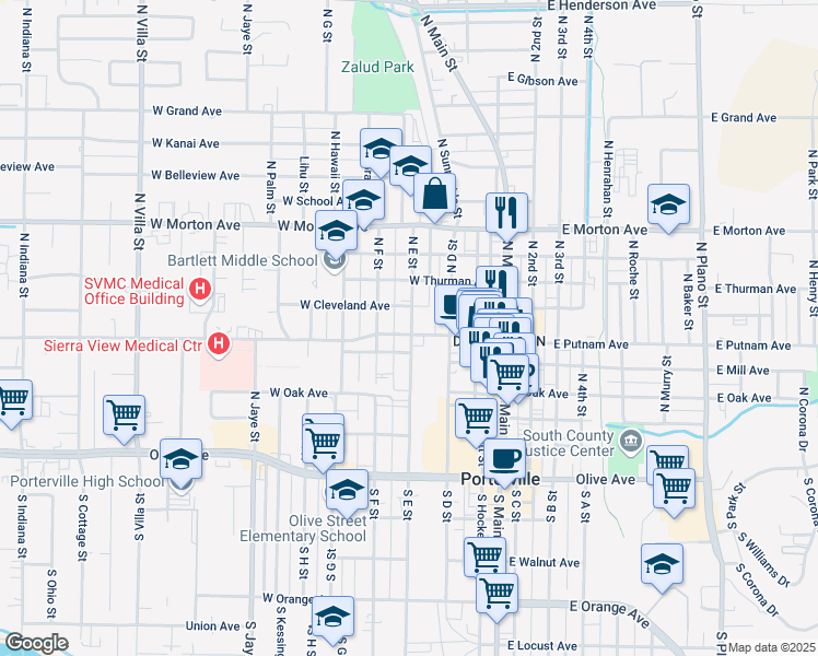 map of restaurants, bars, coffee shops, grocery stores, and more near 154 West Putnam Avenue in Porterville
