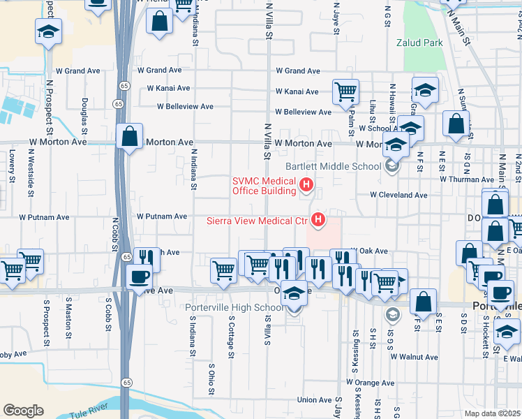map of restaurants, bars, coffee shops, grocery stores, and more near 1953 North Villa Street in Porterville