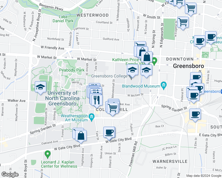 map of restaurants, bars, coffee shops, grocery stores, and more near 222 South Mendenhall Street in Greensboro