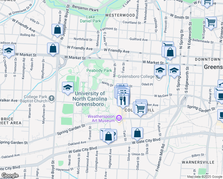 map of restaurants, bars, coffee shops, grocery stores, and more near 1200-1274 North Dr in Greensboro