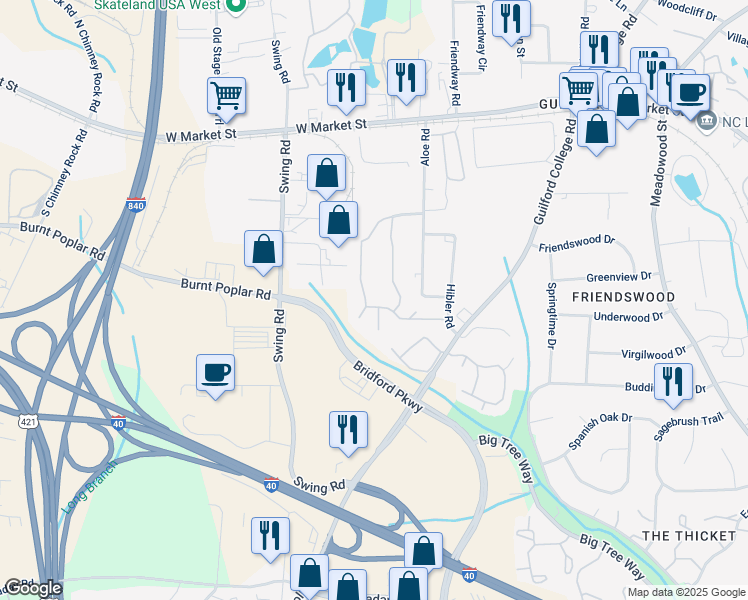 map of restaurants, bars, coffee shops, grocery stores, and more near 6215 Nile Place in Greensboro