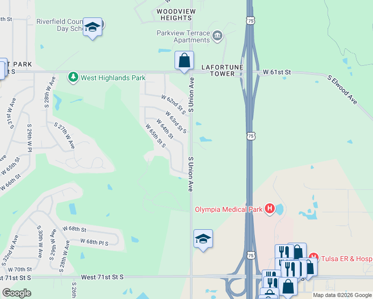 map of restaurants, bars, coffee shops, grocery stores, and more near 6401 South Vancouver Avenue in Tulsa