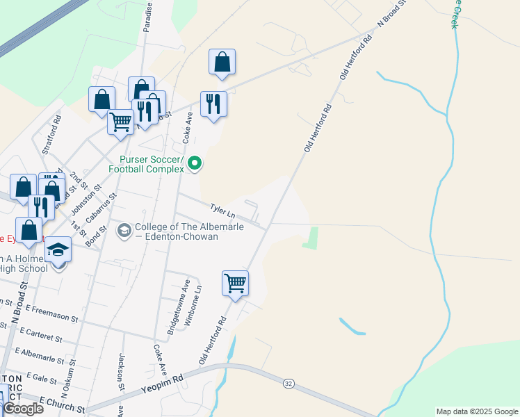 map of restaurants, bars, coffee shops, grocery stores, and more near 201 Tyler Lane in Edenton