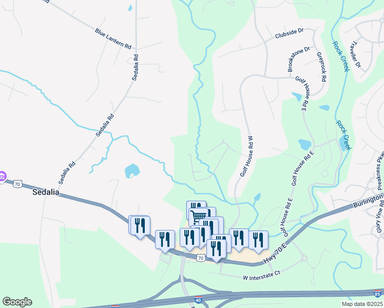 map of restaurants, bars, coffee shops, grocery stores, and more near 886 Creek Crossing Trail in Whitsett