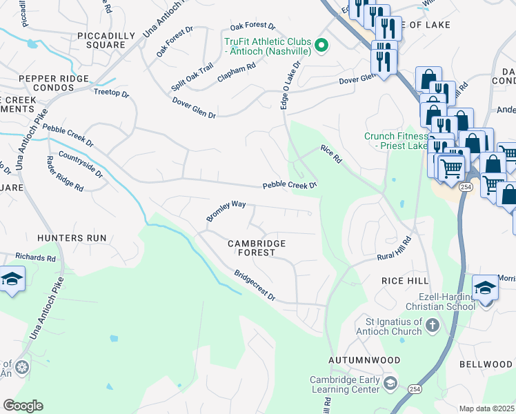 map of restaurants, bars, coffee shops, grocery stores, and more near 5188 Pebble Creek Drive in Nashville