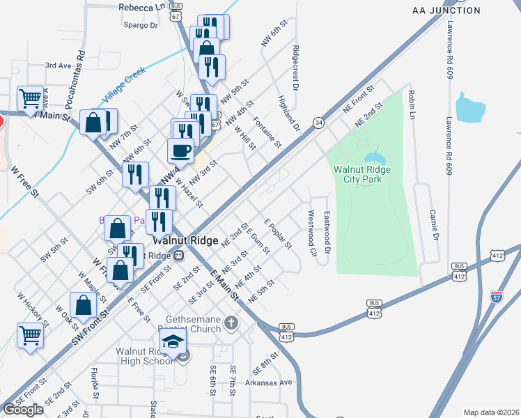 map of restaurants, bars, coffee shops, grocery stores, and more near 521 Northeast 2nd Street in Walnut Ridge
