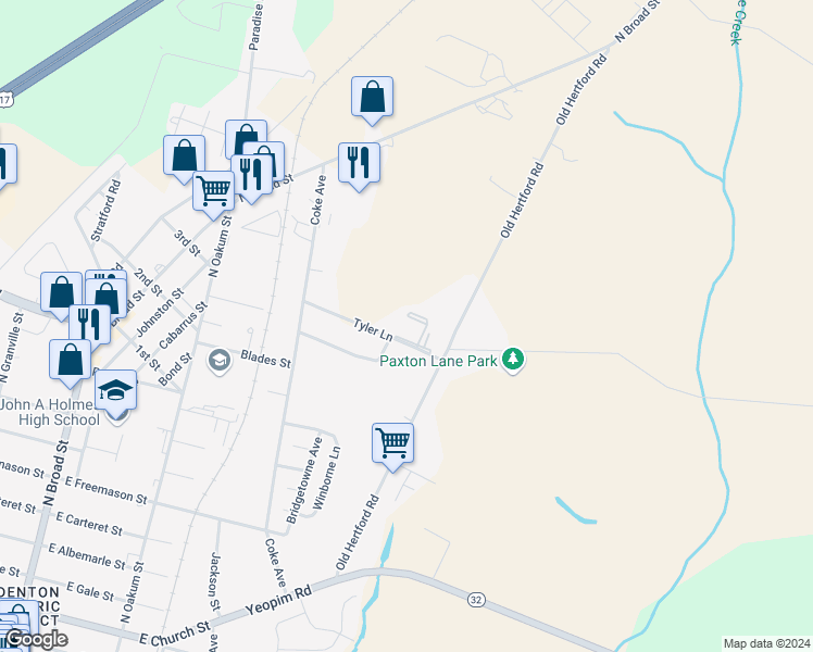 map of restaurants, bars, coffee shops, grocery stores, and more near 213 Tyler Lane in Edenton