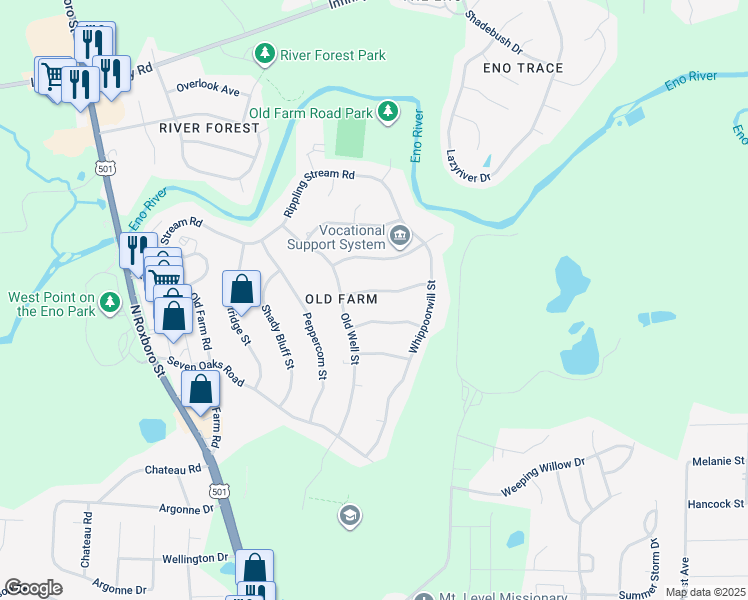 map of restaurants, bars, coffee shops, grocery stores, and more near 616 Old Barn Avenue in Durham