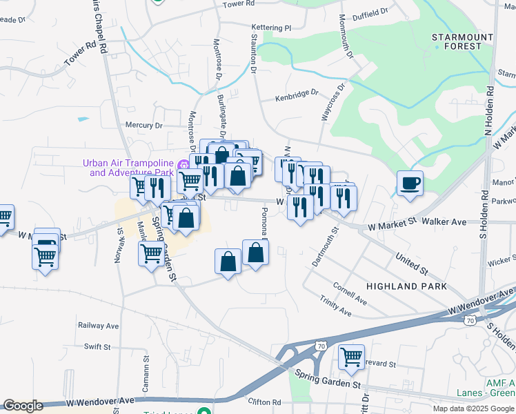 map of restaurants, bars, coffee shops, grocery stores, and more near in Greensboro