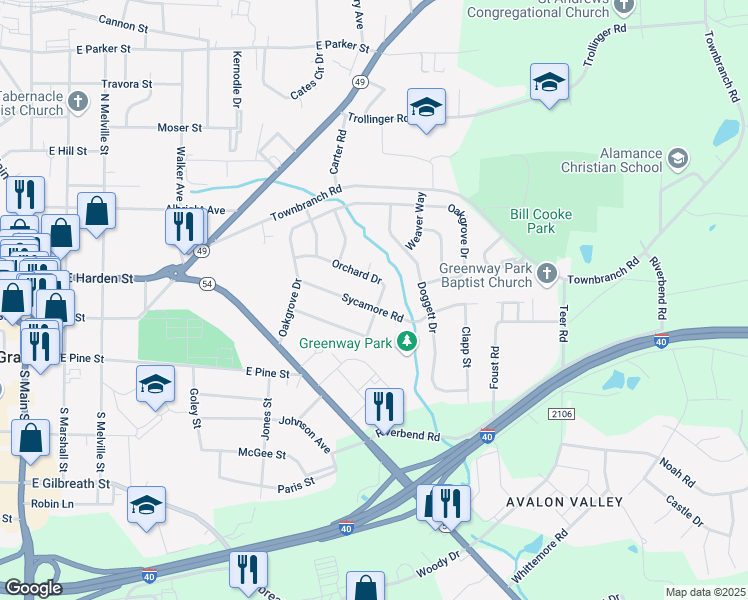 map of restaurants, bars, coffee shops, grocery stores, and more near 718 Sycamore Road in Graham