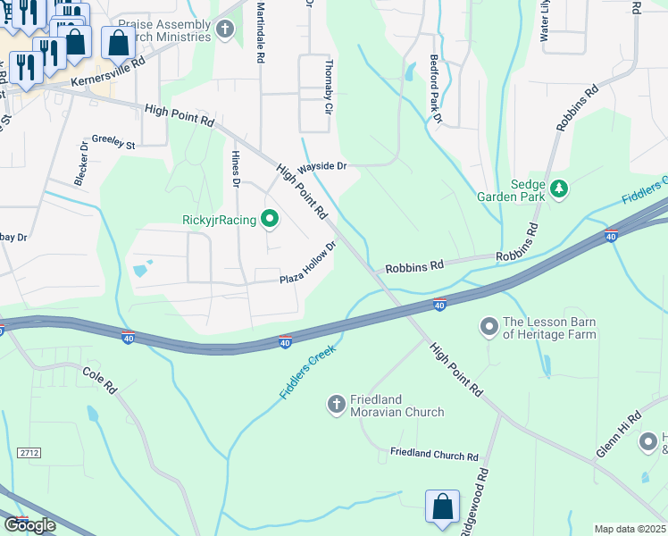 map of restaurants, bars, coffee shops, grocery stores, and more near 3596 High Point Road in Winston-Salem