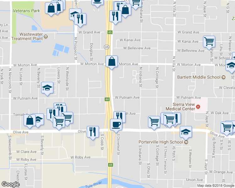 map of restaurants, bars, coffee shops, grocery stores, and more near 938 West Putnam Avenue in Porterville