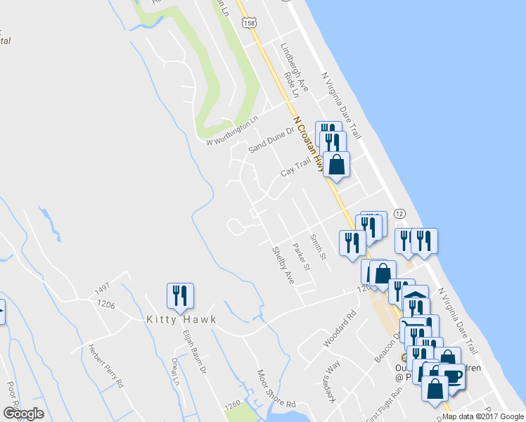 map of restaurants, bars, coffee shops, grocery stores, and more near 3403 Barnacle Lane in Kitty Hawk