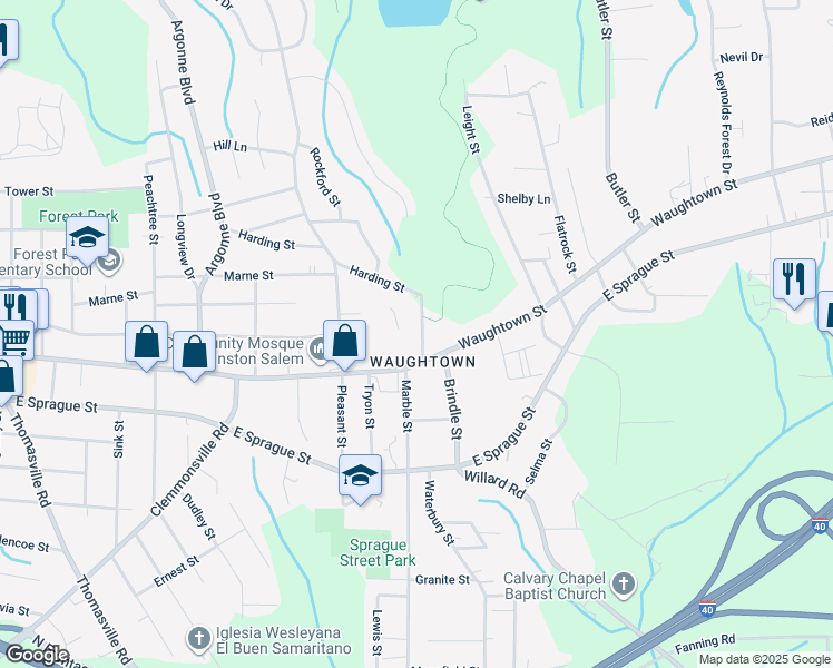 map of restaurants, bars, coffee shops, grocery stores, and more near 1920 Marble Street in Winston-Salem