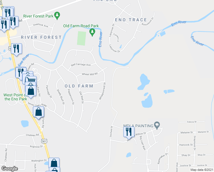 map of restaurants, bars, coffee shops, grocery stores, and more near 5414 Whippoorwill Street in Durham