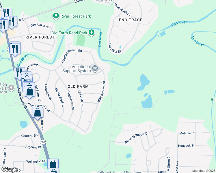 map of restaurants, bars, coffee shops, grocery stores, and more near 5414 Whippoorwill Street in Durham