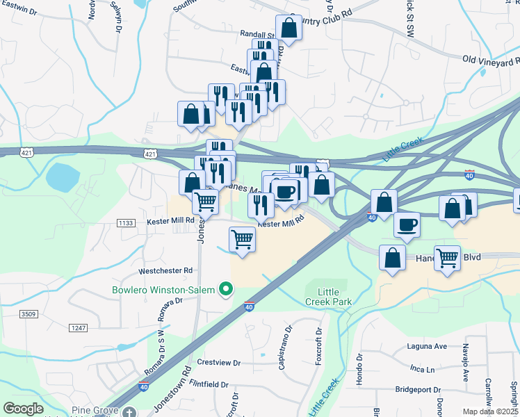 map of restaurants, bars, coffee shops, grocery stores, and more near Hanes Mall Boulevard in Winston-Salem