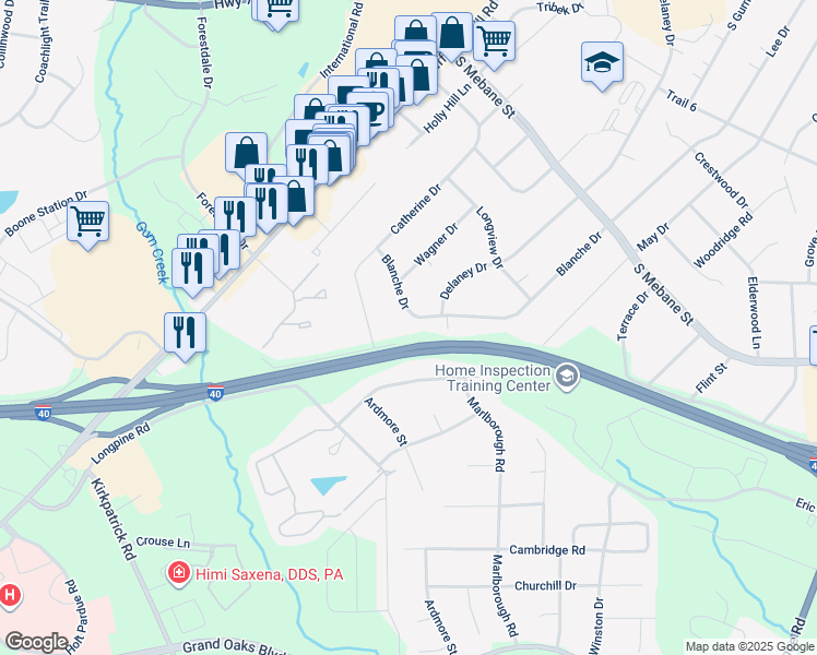 map of restaurants, bars, coffee shops, grocery stores, and more near 2918 Blanche Drive in Burlington