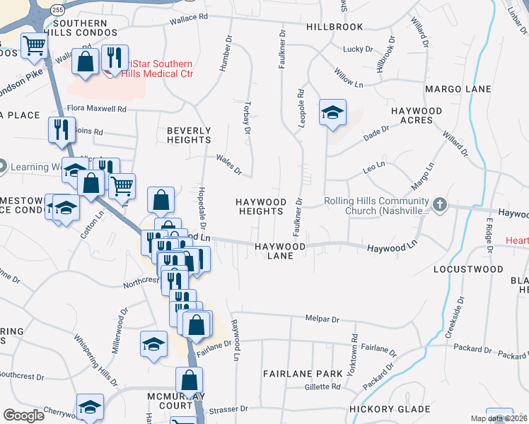 map of restaurants, bars, coffee shops, grocery stores, and more near 4029 Hollis Hill Drive in Nashville