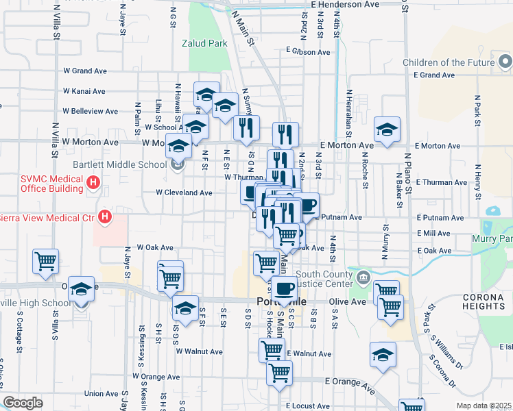 map of restaurants, bars, coffee shops, grocery stores, and more near 43-73 W Cleveland Ave in Porterville