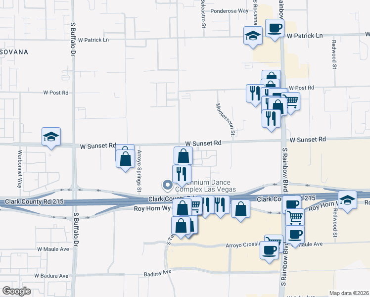 map of restaurants, bars, coffee shops, grocery stores, and more near 6480 South Tenaya Way in Las Vegas