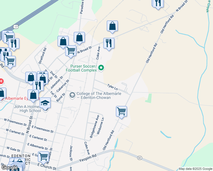 map of restaurants, bars, coffee shops, grocery stores, and more near 110-114 Tyler Ln in Edenton
