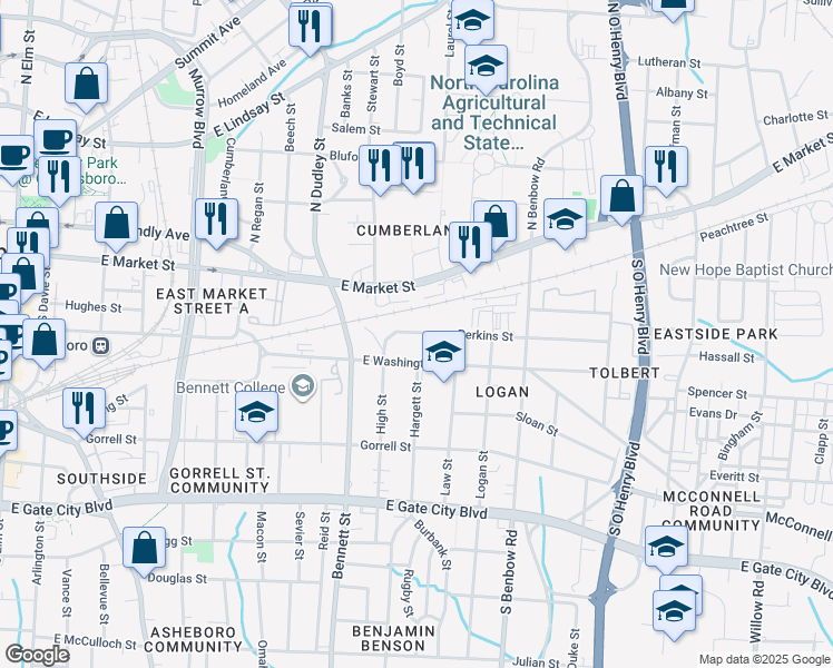 map of restaurants, bars, coffee shops, grocery stores, and more near 1117 Perkins Street in Greensboro