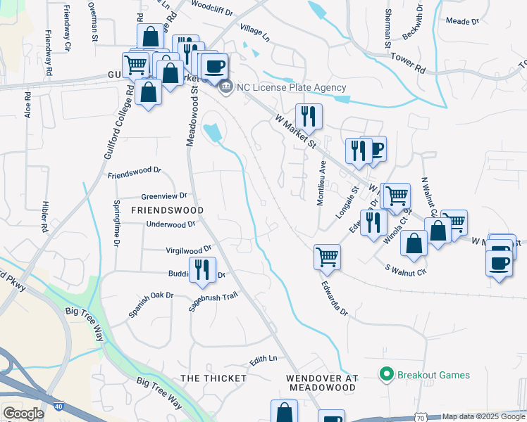map of restaurants, bars, coffee shops, grocery stores, and more near 5505 Richland Street in Greensboro