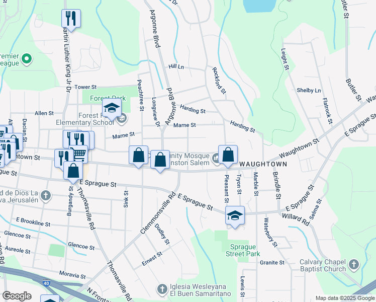 map of restaurants, bars, coffee shops, grocery stores, and more near in Winston-Salem