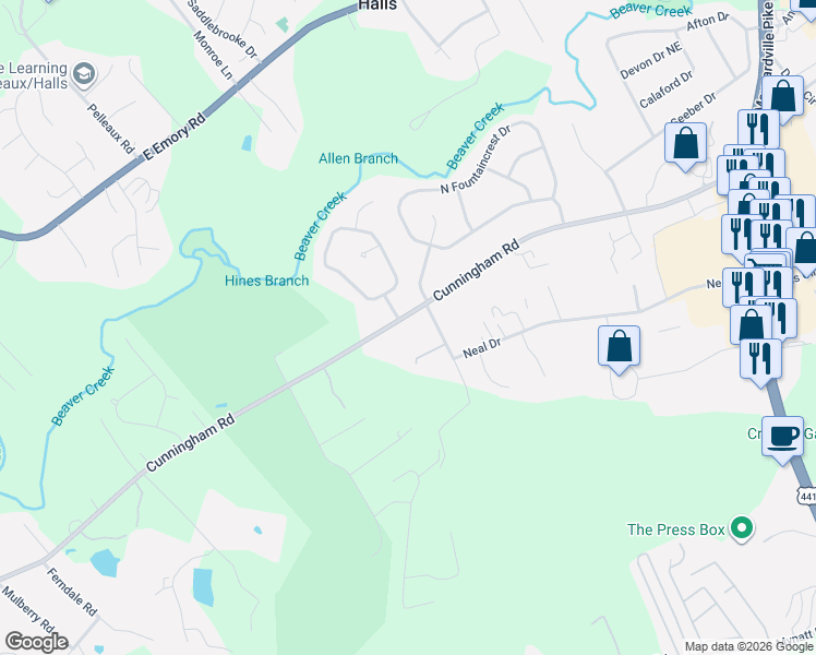 map of restaurants, bars, coffee shops, grocery stores, and more near 3321 Cunningham Road in Knoxville