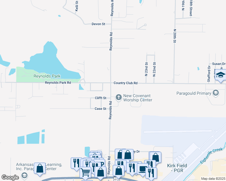 map of restaurants, bars, coffee shops, grocery stores, and more near 1109 Reynolds Road in Paragould
