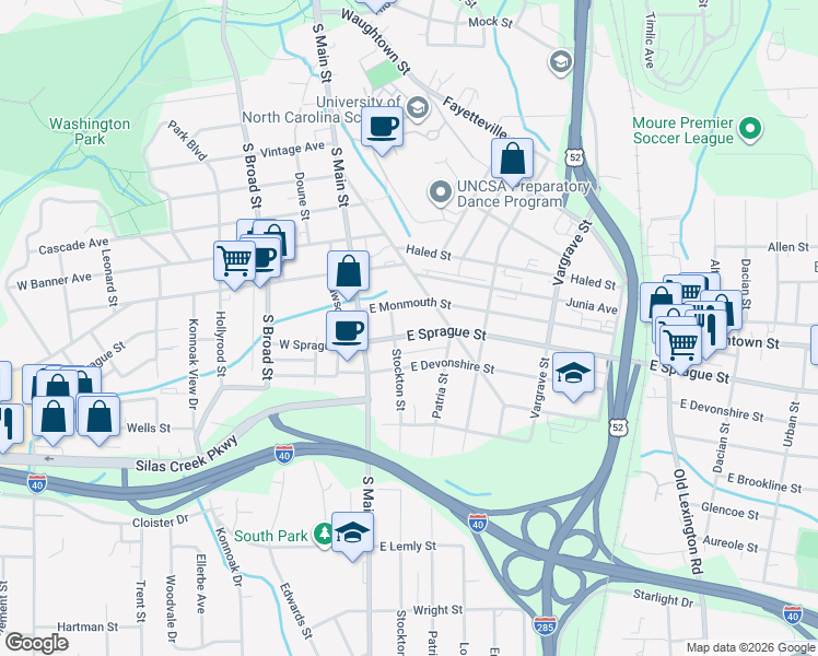 map of restaurants, bars, coffee shops, grocery stores, and more near 113 East Sprague Street in Winston-Salem