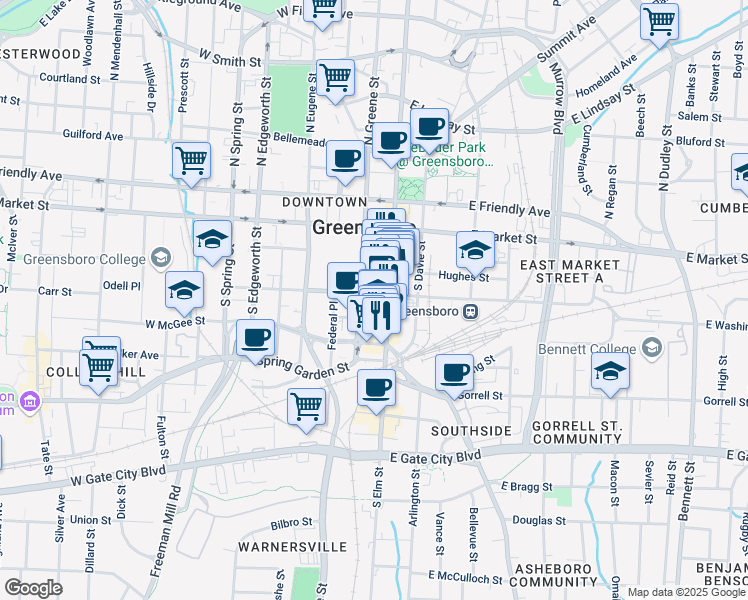 map of restaurants, bars, coffee shops, grocery stores, and more near 100 West Washington Street in Greensboro