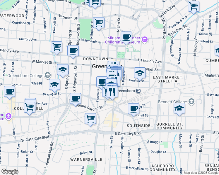 map of restaurants, bars, coffee shops, grocery stores, and more near 100 West Washington Street in Greensboro