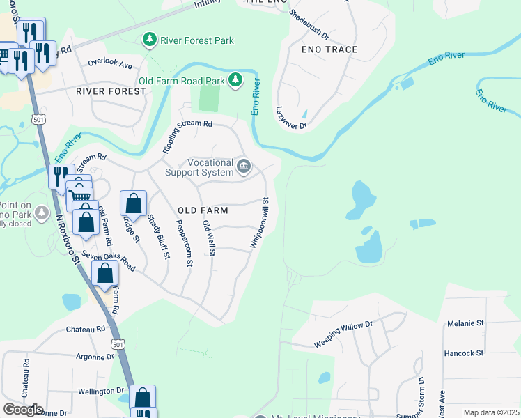 map of restaurants, bars, coffee shops, grocery stores, and more near 5415 Whippoorwill Street in Durham