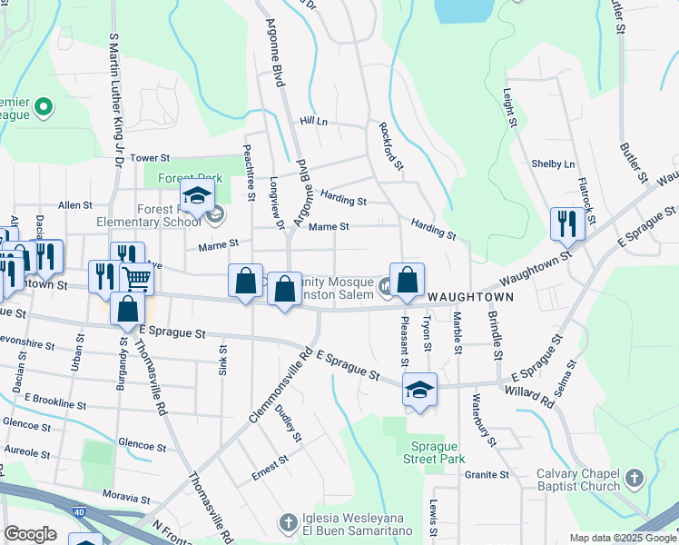 map of restaurants, bars, coffee shops, grocery stores, and more near 1401 Bretton Street in Winston-Salem